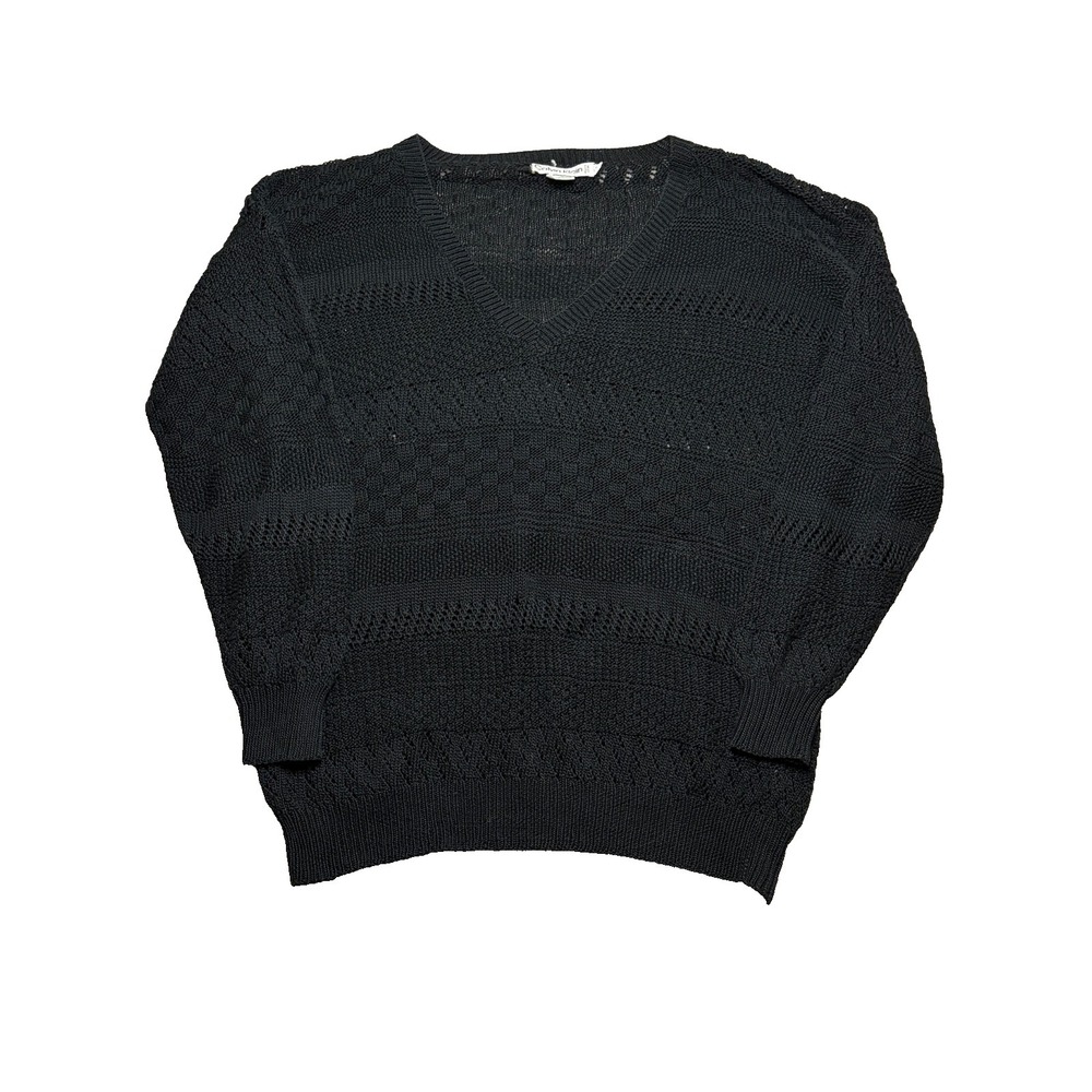 Vtg 90s Calvin Klein Hand Knit Sweater Womens XS Black V Neck Textured Old Money